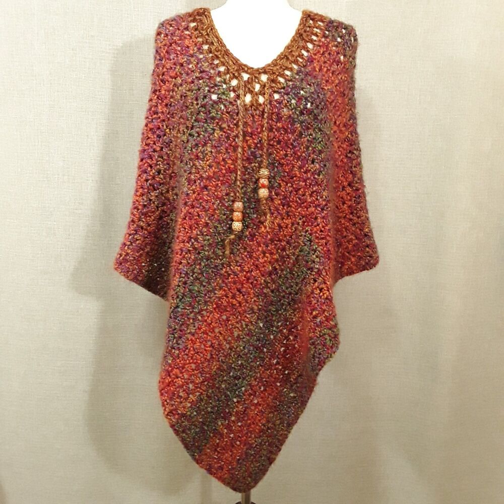 Loopy Ruby Handmade Chunky Knit Poncho Fall Colors One Size (runs small)